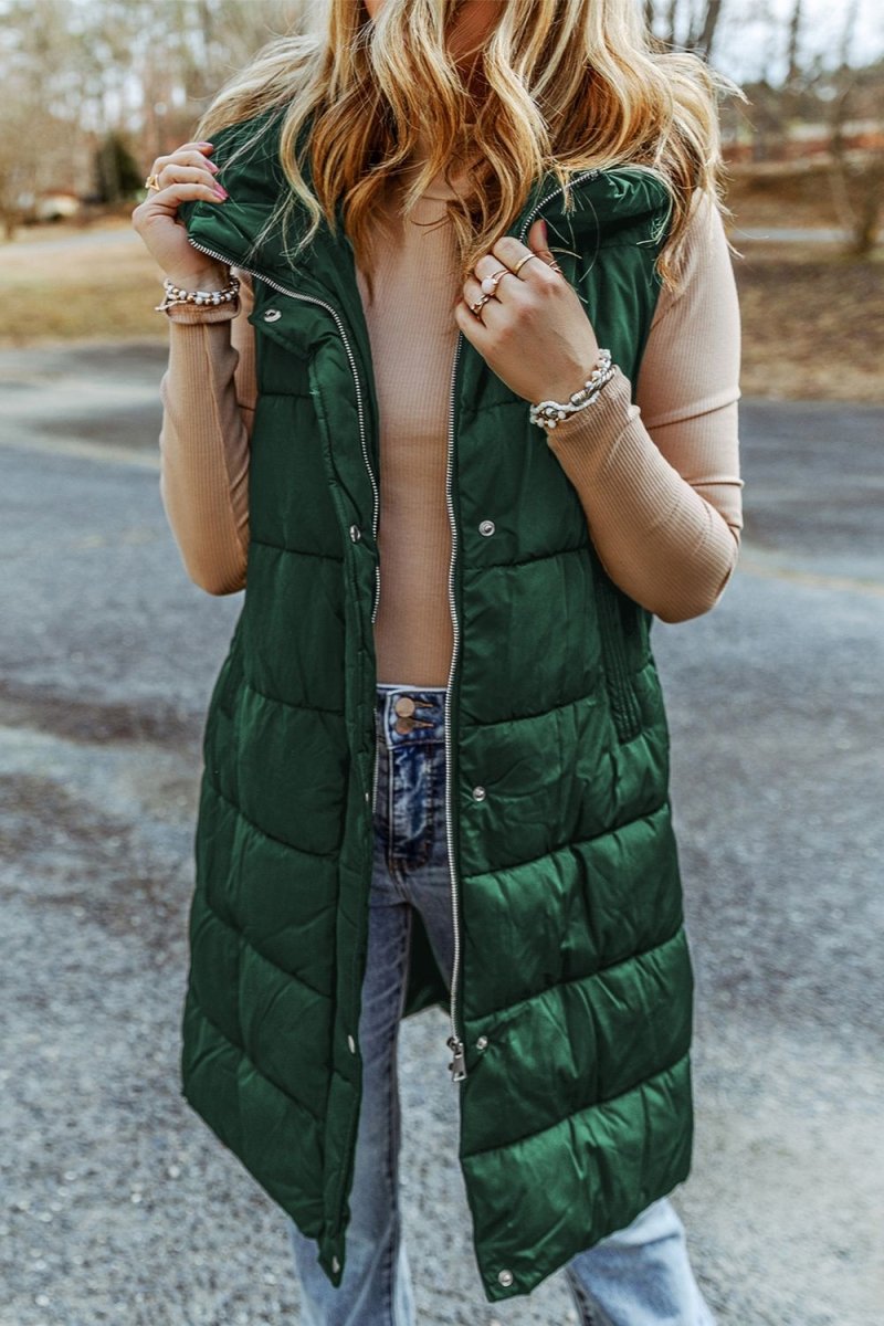 Longline Hooded Sleeveless Puffer Vest - Outerwear