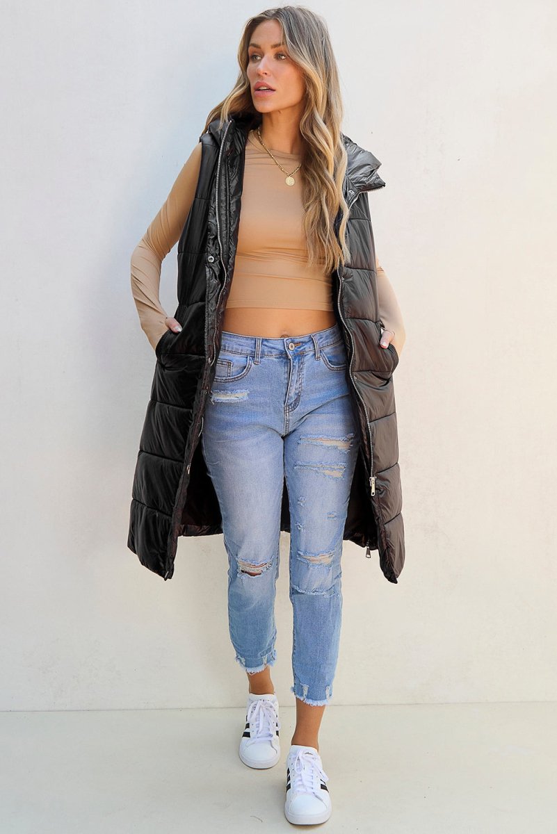 Longline Hooded Sleeveless Puffer Vest - Outerwear