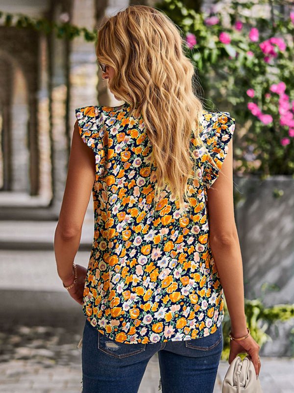 Loose Casual Top Sleeveless Floral Shirt - Top