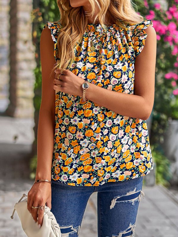 Loose Casual Top Sleeveless Floral Shirt - Top