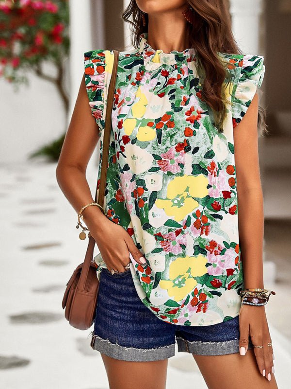 Loose Casual Top Sleeveless Floral Shirt - Top