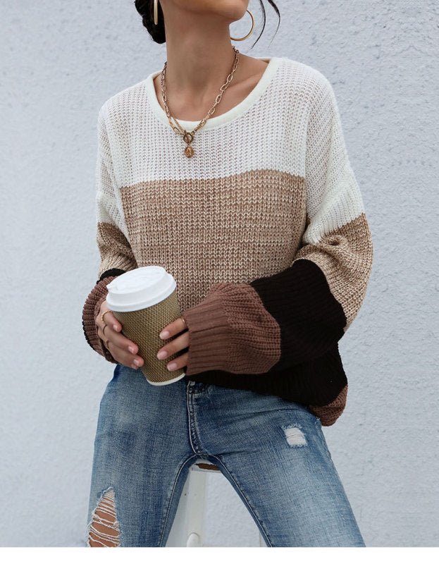 Loose Colorblock Long Sleeve Ladies Autumn Sweater - Outerwear