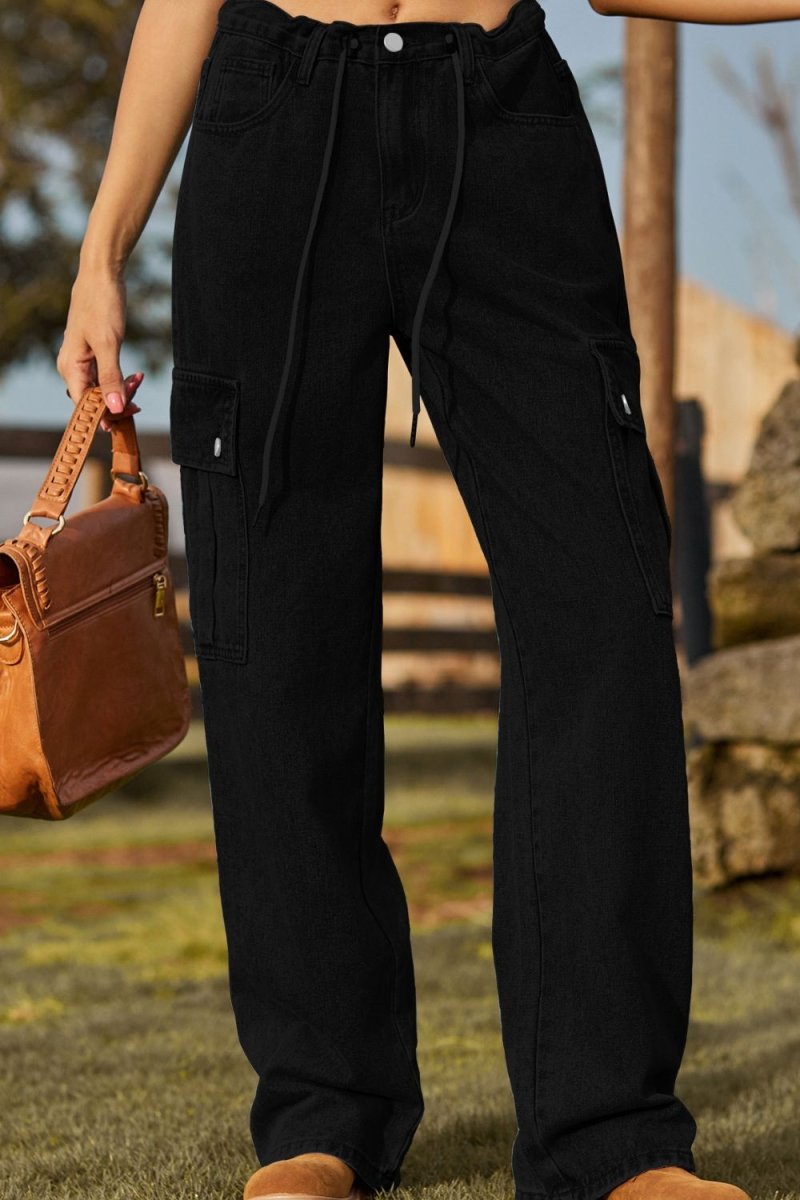 Loose Fit Drawstring Jeans with Pocket - Bottoms Sale