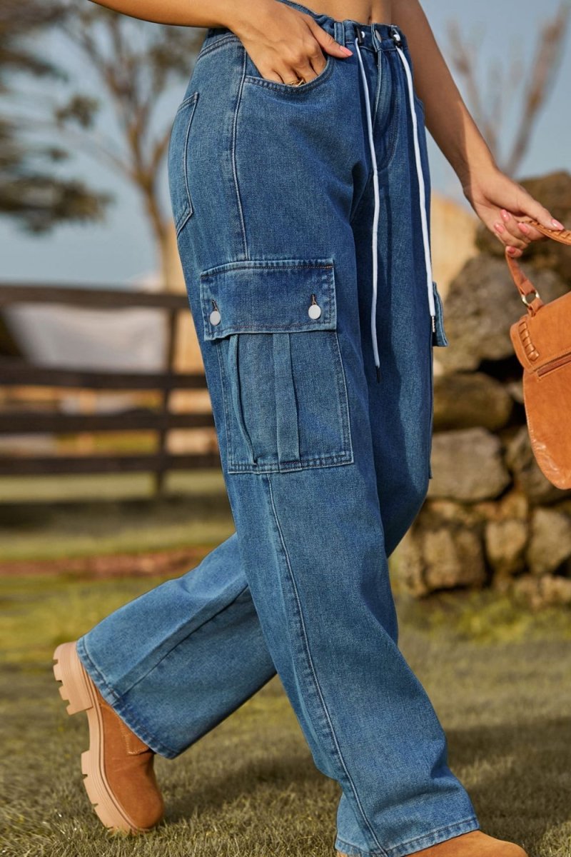 Loose Fit Drawstring Jeans with Pocket - Bottoms Sale