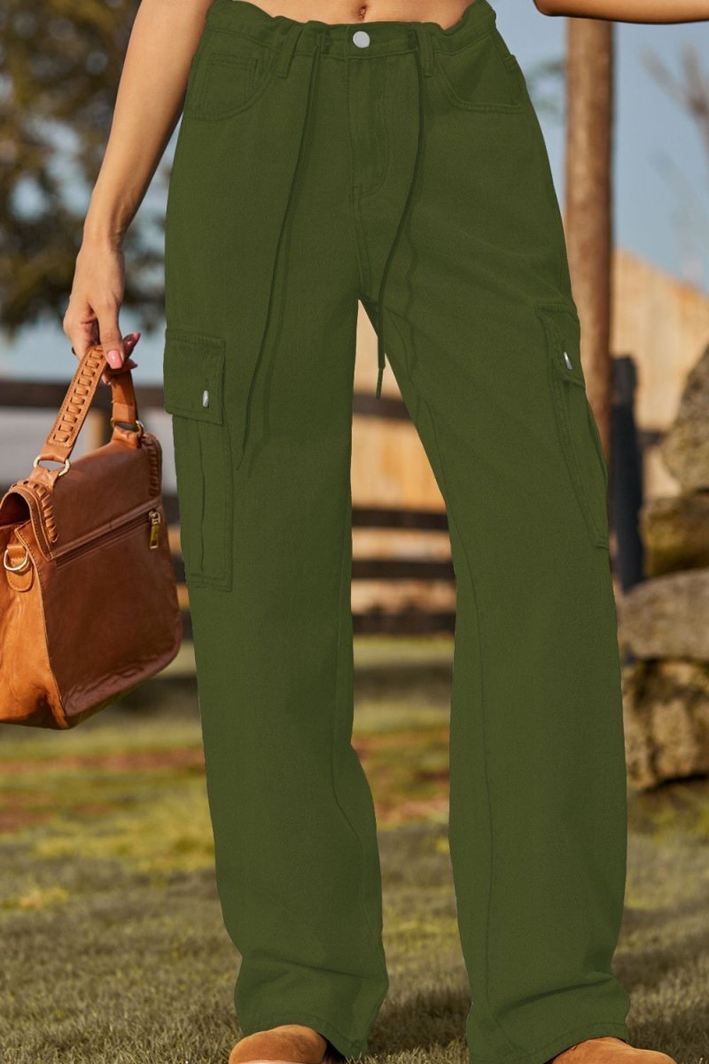 Loose Fit Drawstring Jeans with Pocket - Bottoms Sale