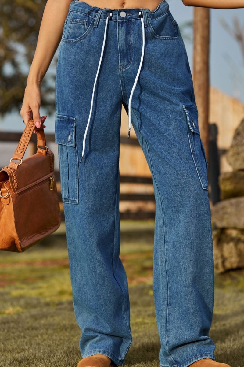 Loose Fit Drawstring Jeans with Pocket - Bottoms Sale