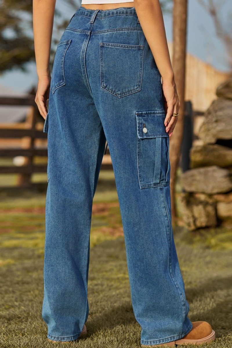 Loose Fit Drawstring Jeans with Pocket - Bottoms Sale