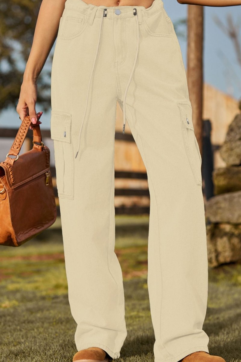 Loose Fit Drawstring Jeans with Pocket - Bottoms Sale