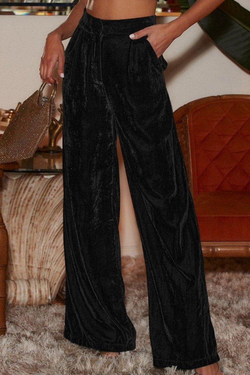 Loose Fit High Waist Long Pants with Pockets - Bottoms