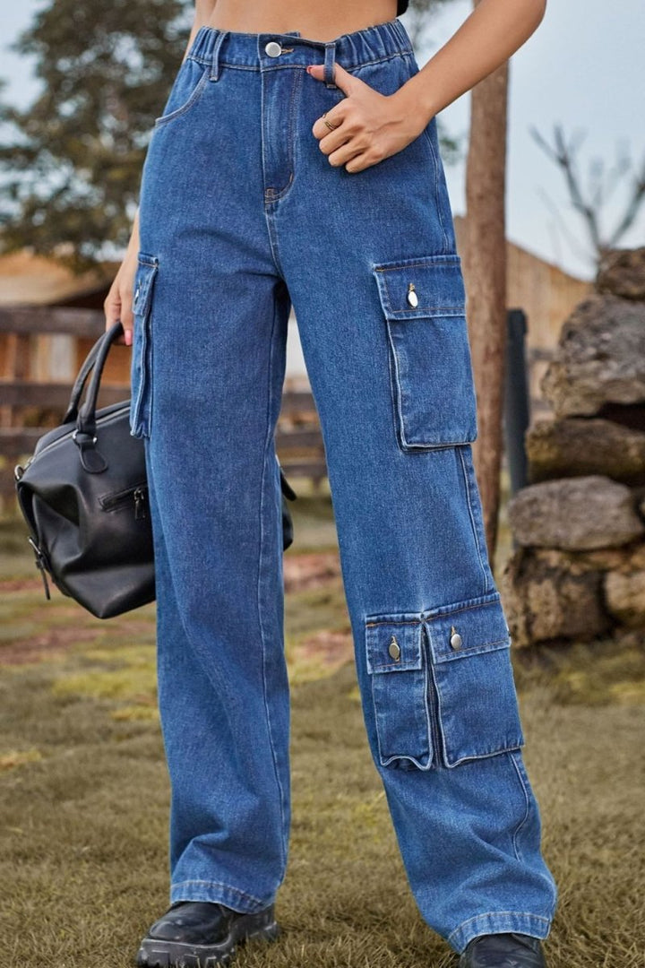 Loose Fit Long Jeans with Pockets - Bottoms Sale