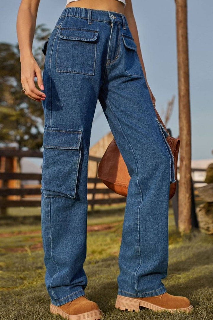 Loose Fit Long Jeans with Pockets - Bottoms