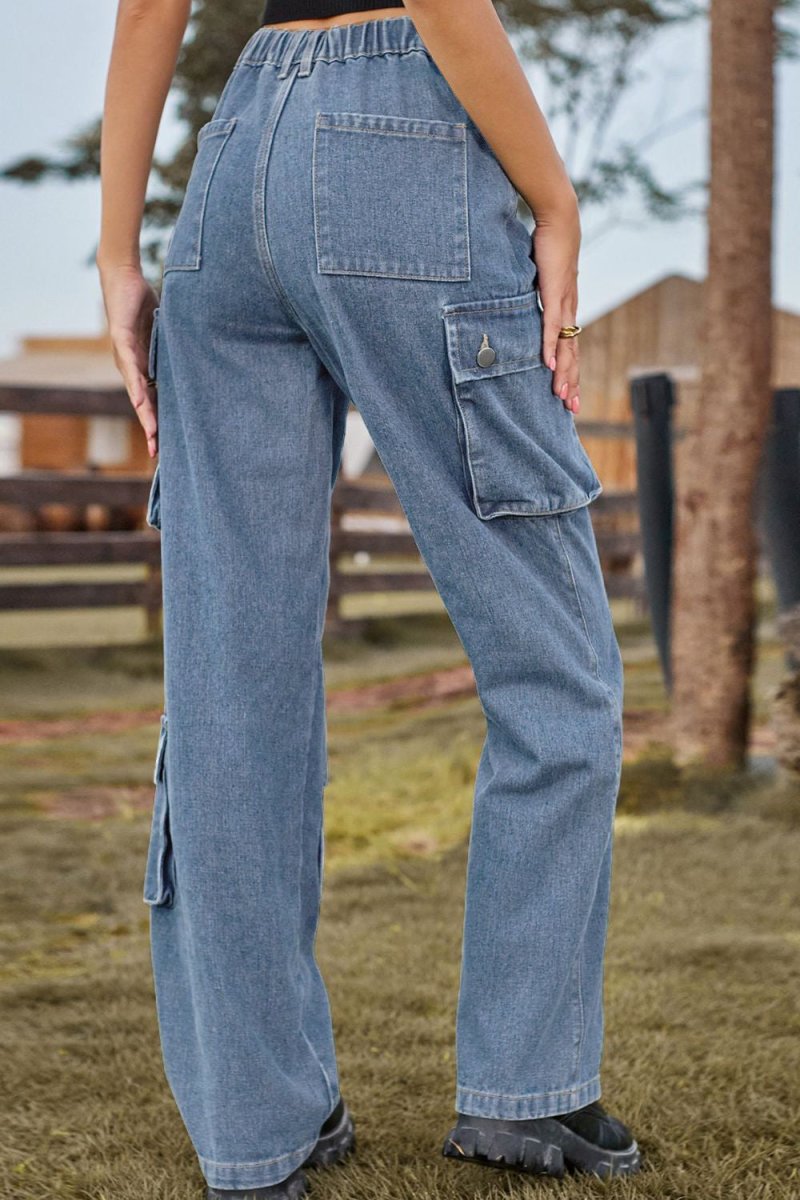 Loose Fit Long Jeans with Pockets - Bottoms Sale