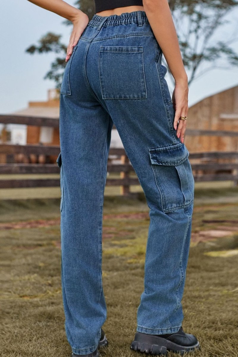 Loose Fit Long Jeans with Pockets - Bottoms