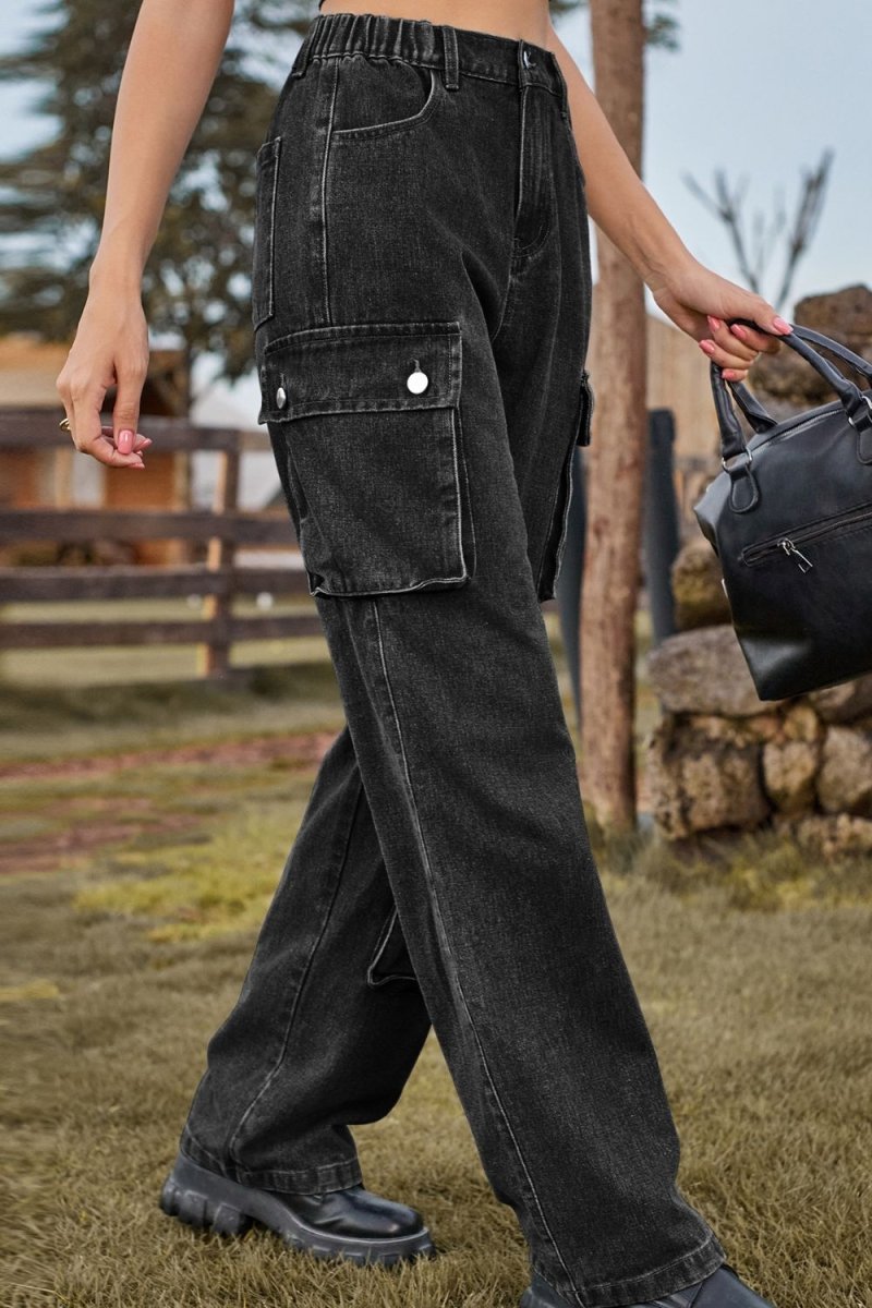 Loose Fit Long Jeans with Pockets - Bottoms Sale