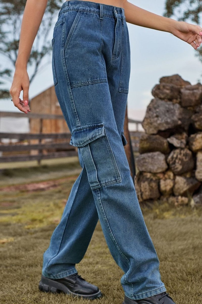 Loose Fit Long Jeans with Pockets - Bottoms