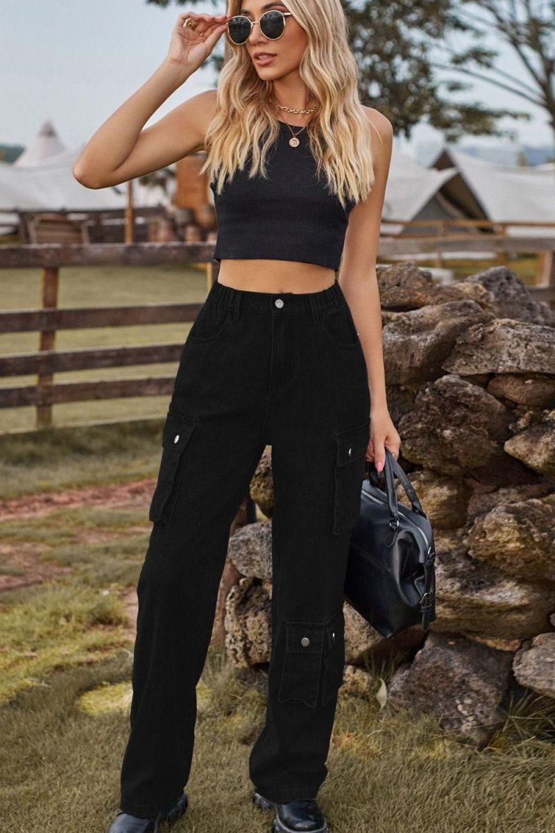 Loose Fit Long Jeans with Pockets - Bottoms Sale