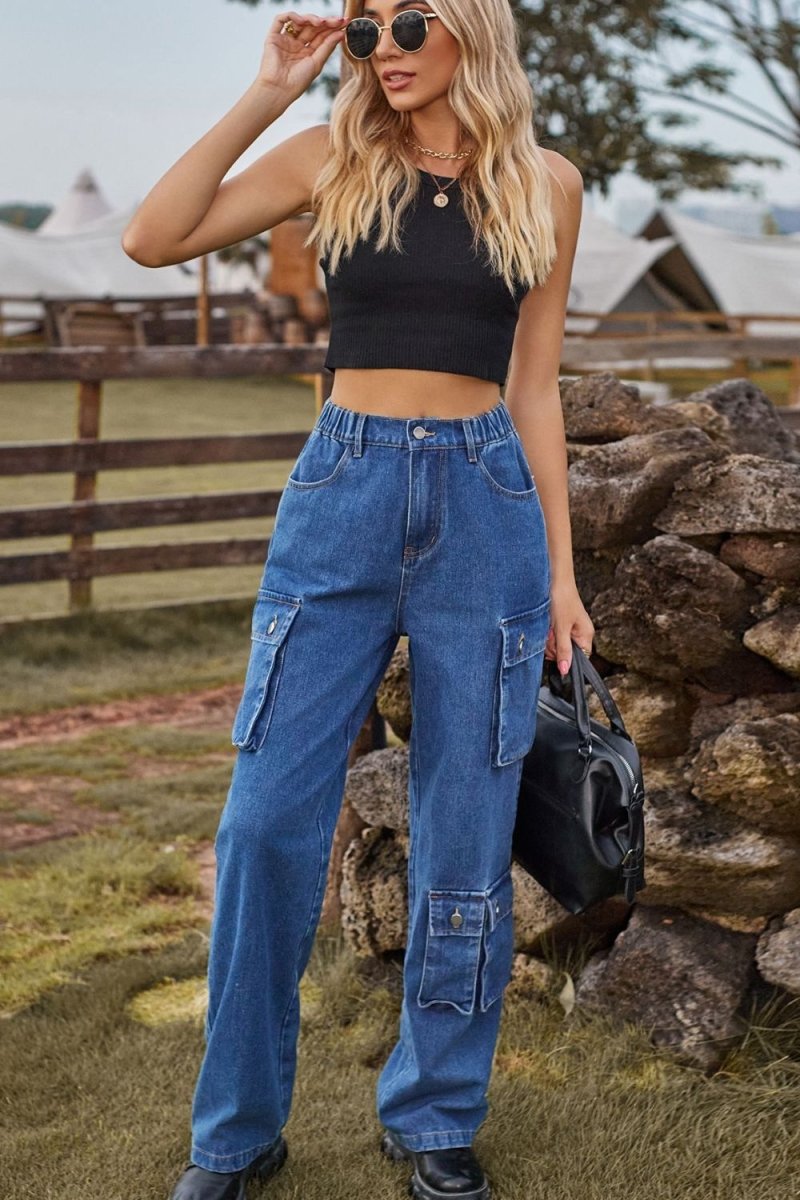 Loose Fit Long Jeans with Pockets - Bottoms Sale