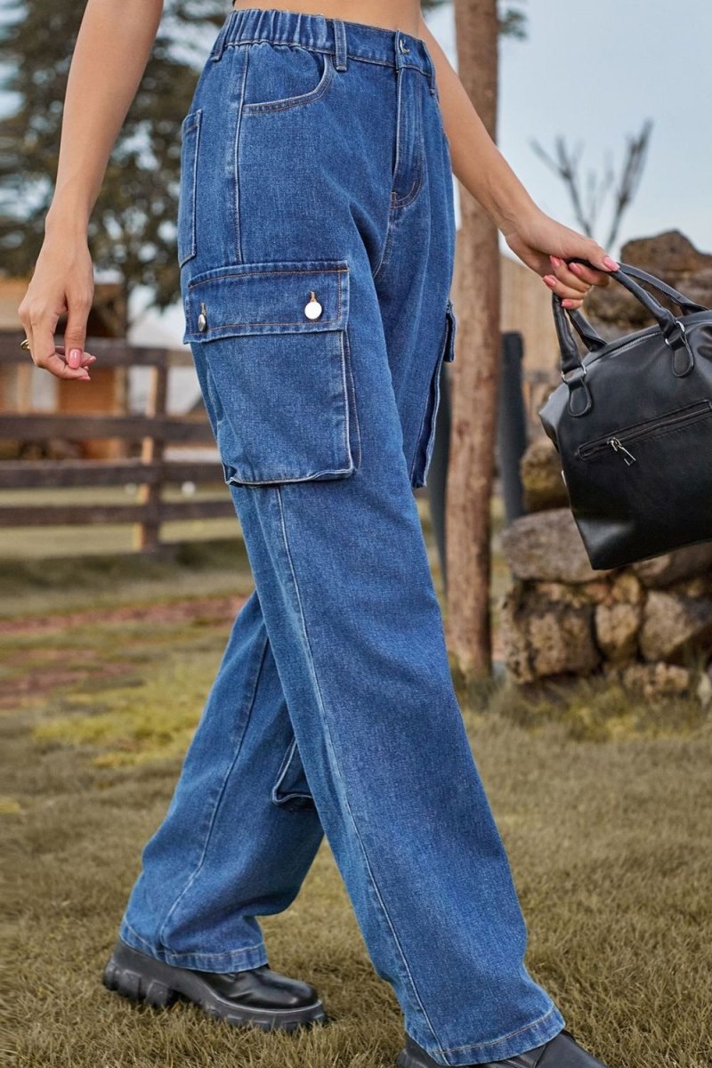 Loose Fit Long Jeans with Pockets - Bottoms Sale