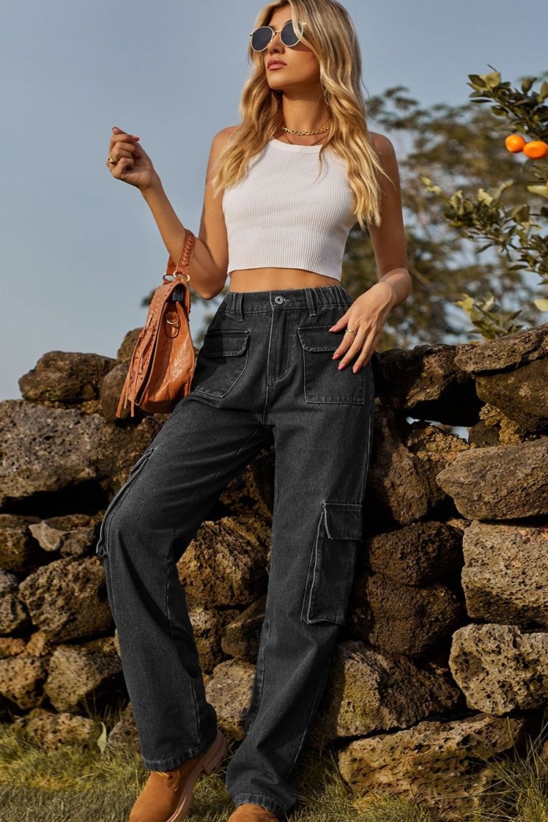 Loose Fit Long Jeans with Pockets - Bottoms