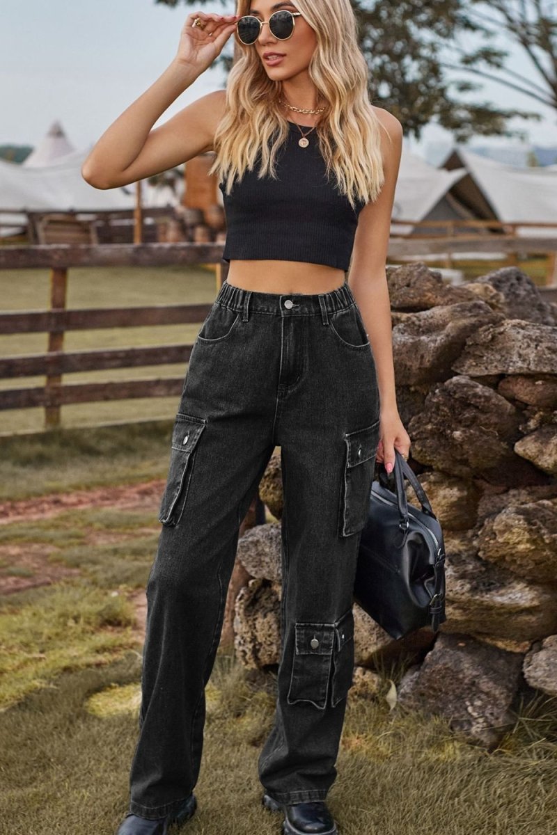 Loose Fit Long Jeans with Pockets - Bottoms Sale