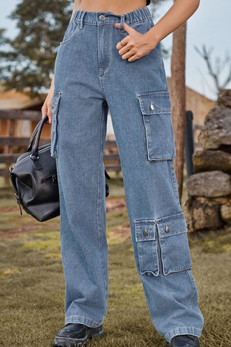 Loose Fit Long Jeans with Pockets - Bottoms Sale