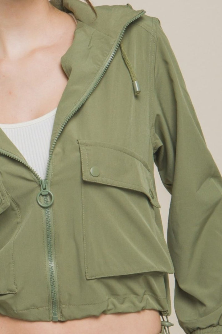 Love Tree Drawstring Hem Hooded Zip - Up Jacket - Outerwear