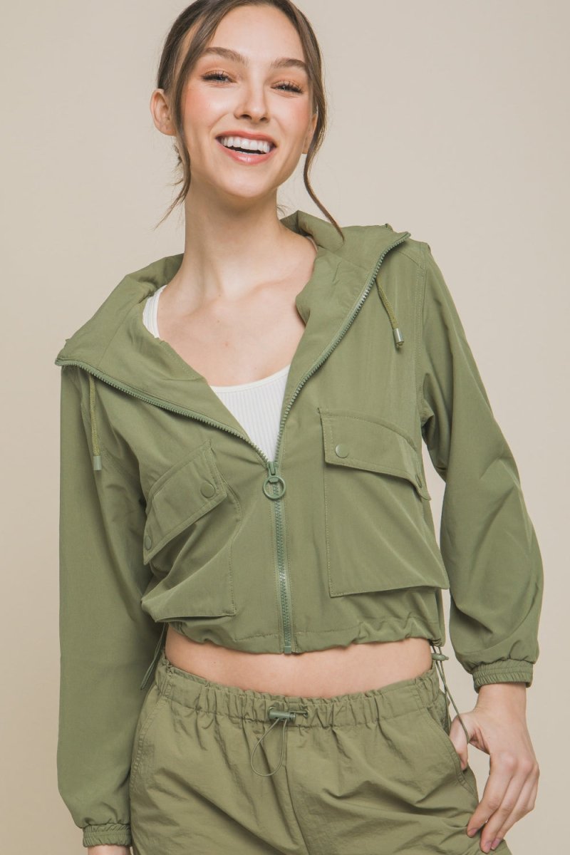 Love Tree Drawstring Hem Hooded Zip - Up Jacket - Outerwear