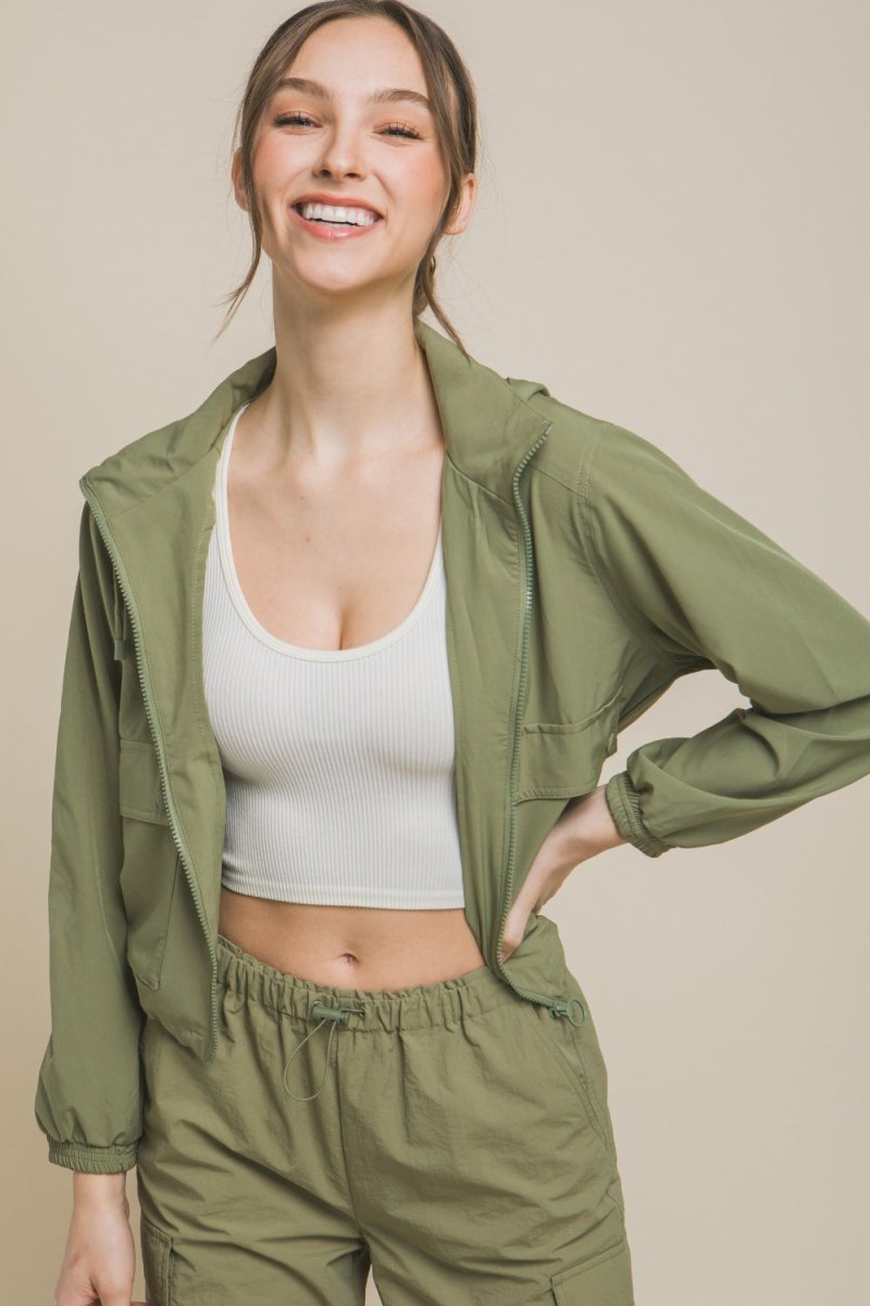 Love Tree Drawstring Hem Hooded Zip - Up Jacket - Outerwear
