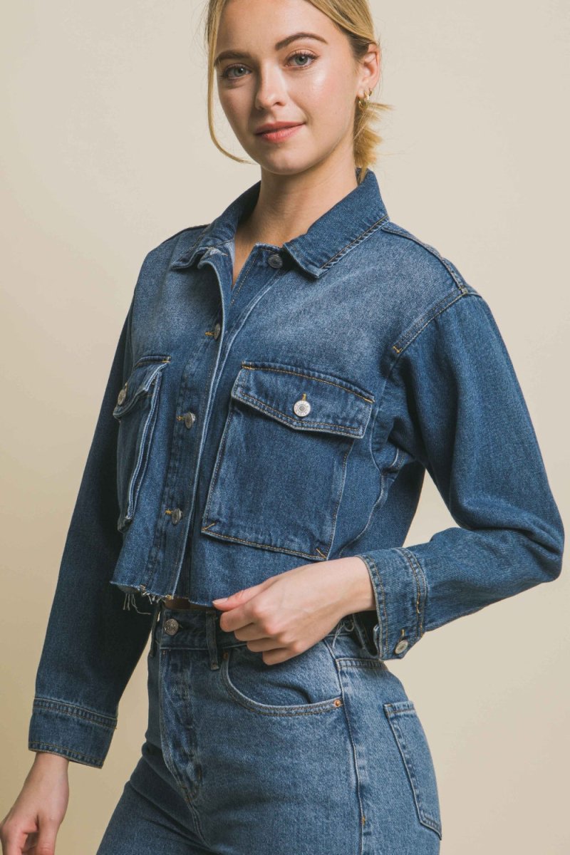 Love Tree Raw Hem Button Up Cropped Denim Jacket - Outerwear