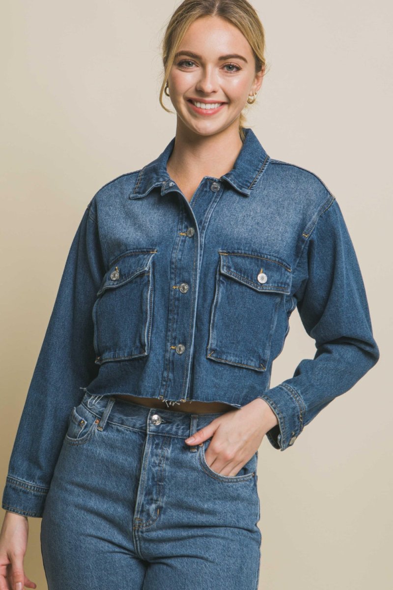 Love Tree Raw Hem Button Up Cropped Denim Jacket - Outerwear