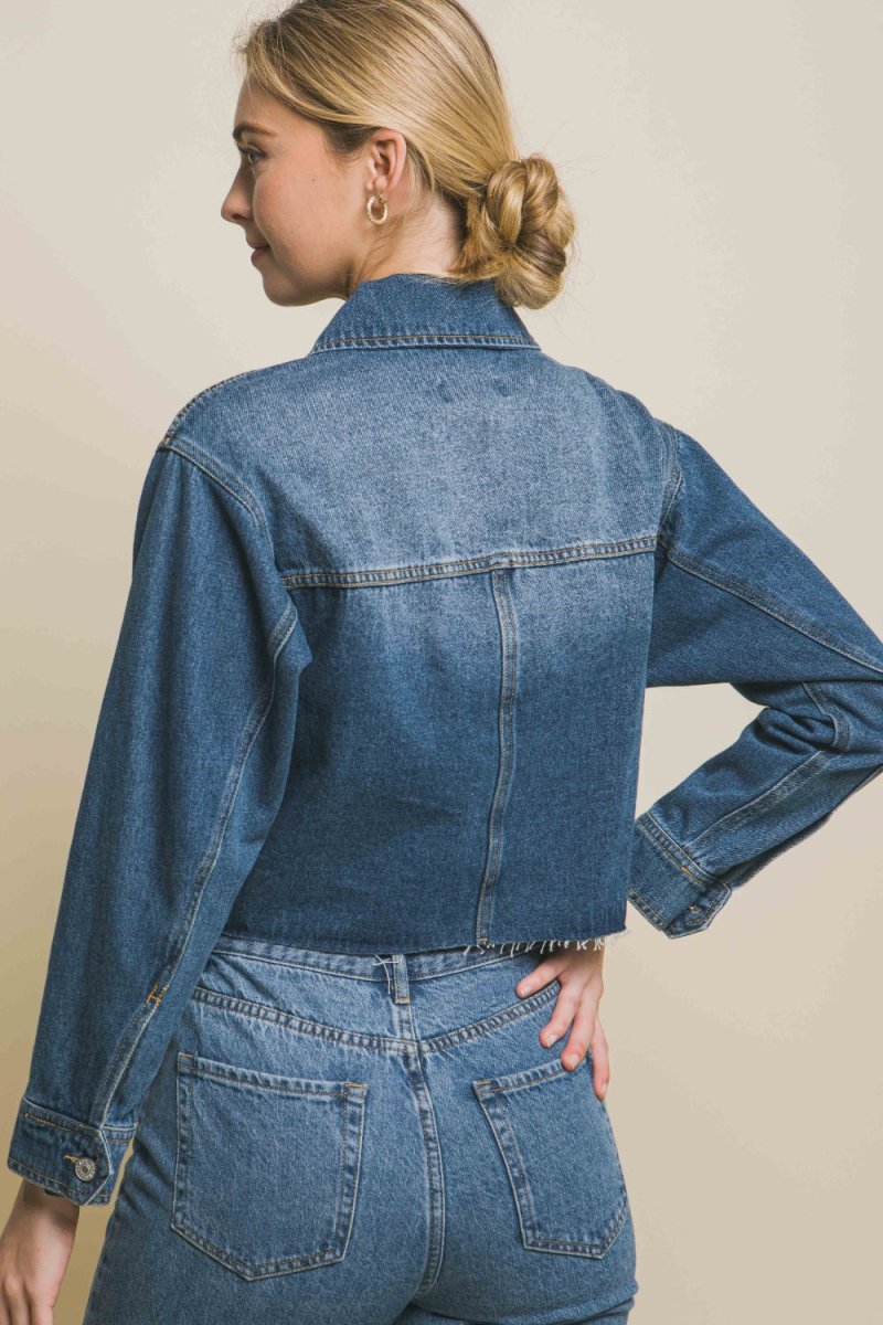 Love Tree Raw Hem Button Up Cropped Denim Jacket - Outerwear