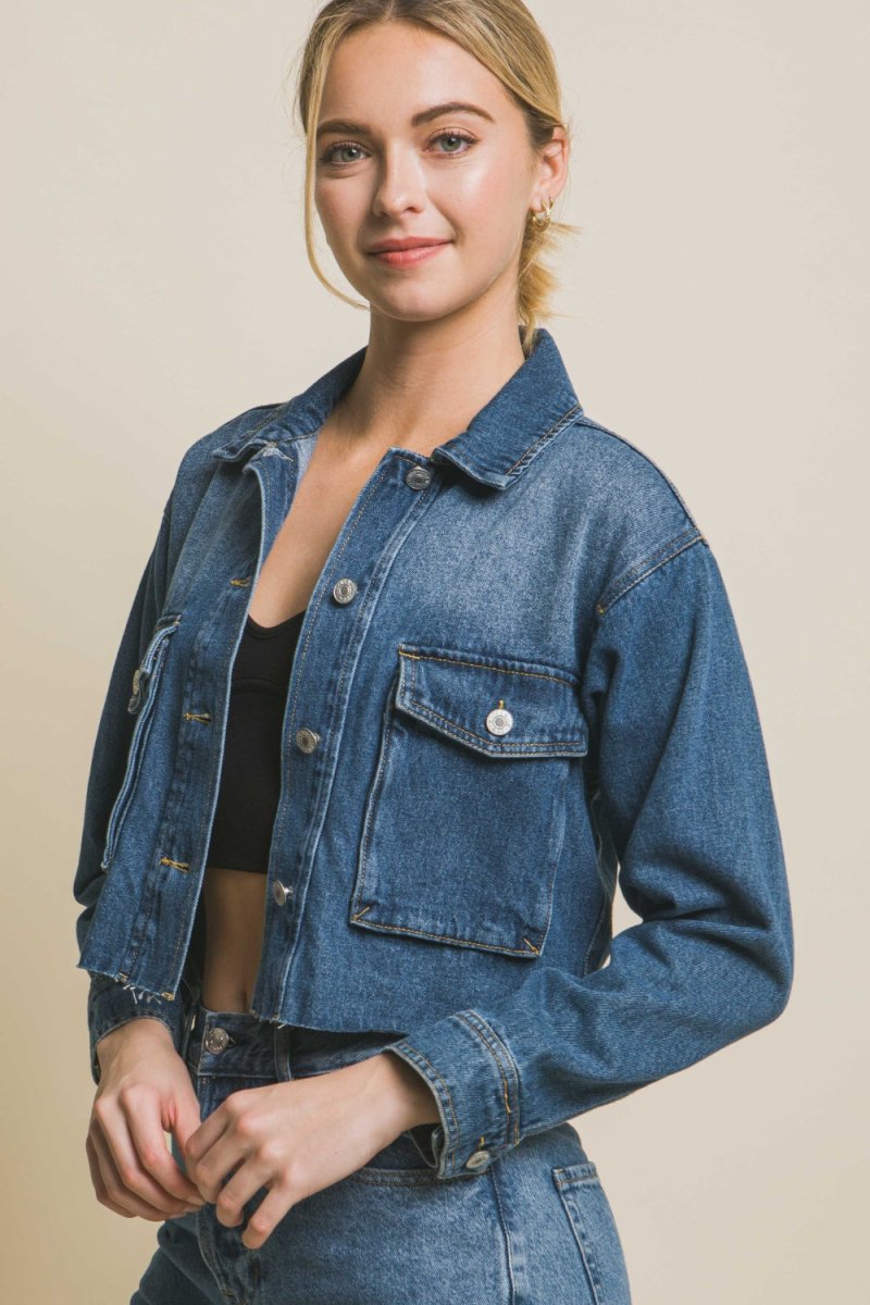 Love Tree Raw Hem Button Up Cropped Denim Jacket - Outerwear