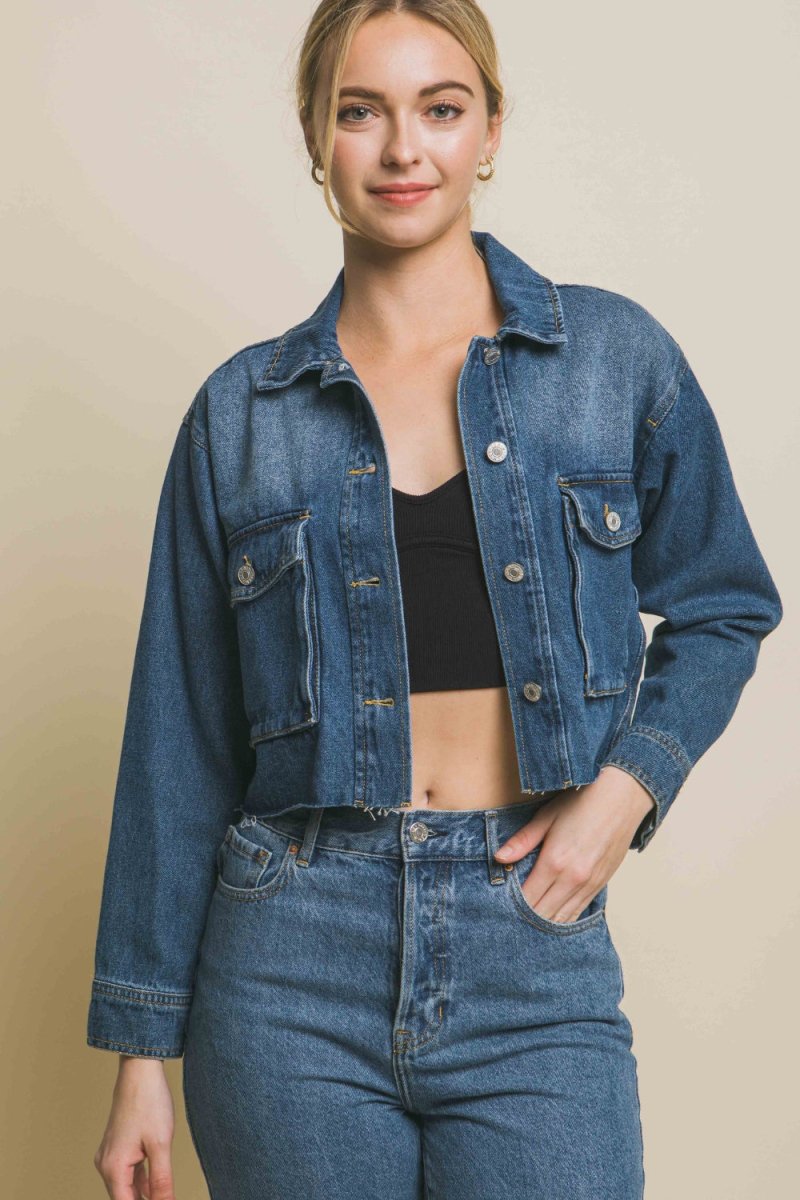 Love Tree Raw Hem Button Up Cropped Denim Jacket - Outerwear