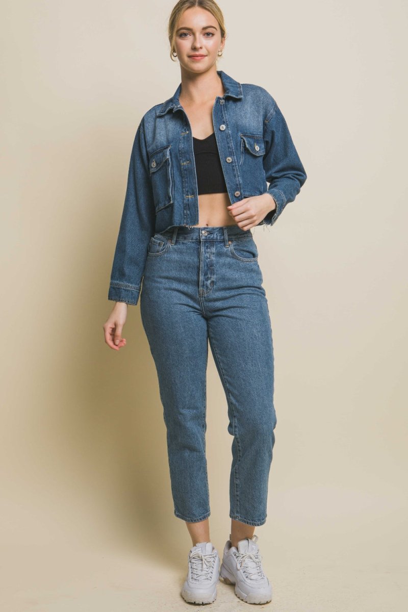 Love Tree Raw Hem Button Up Cropped Denim Jacket - Outerwear