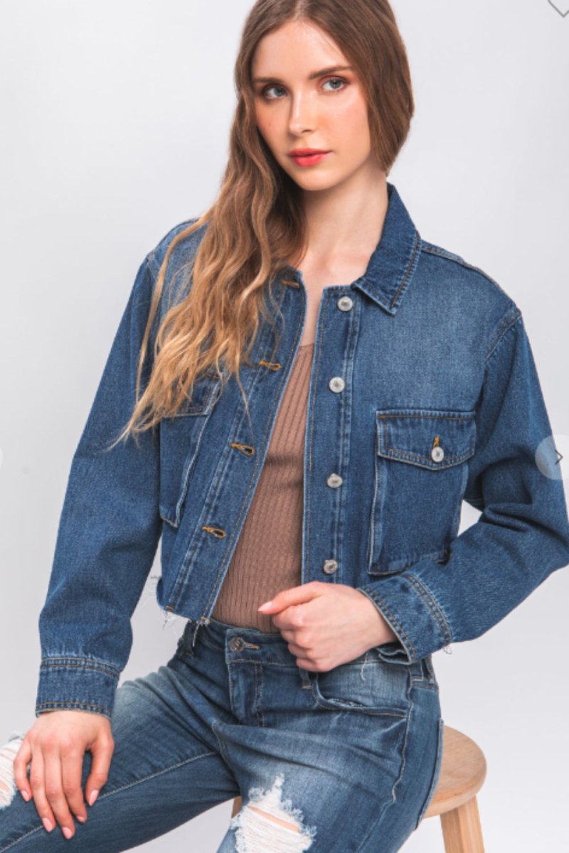 Love Tree Raw Hem Button Up Cropped Denim Jacket - Outerwear