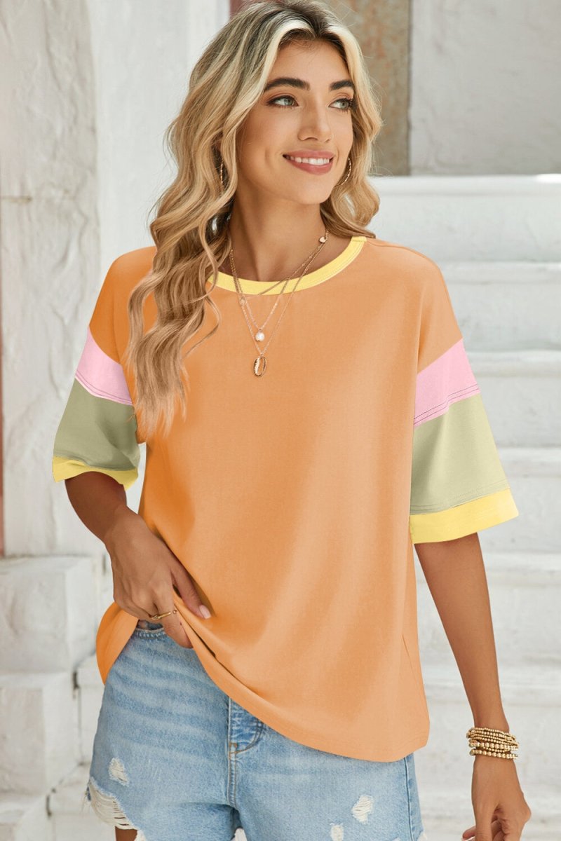 Lovelet Color Block Round Neck Half Sleeve T-Shirt - Top