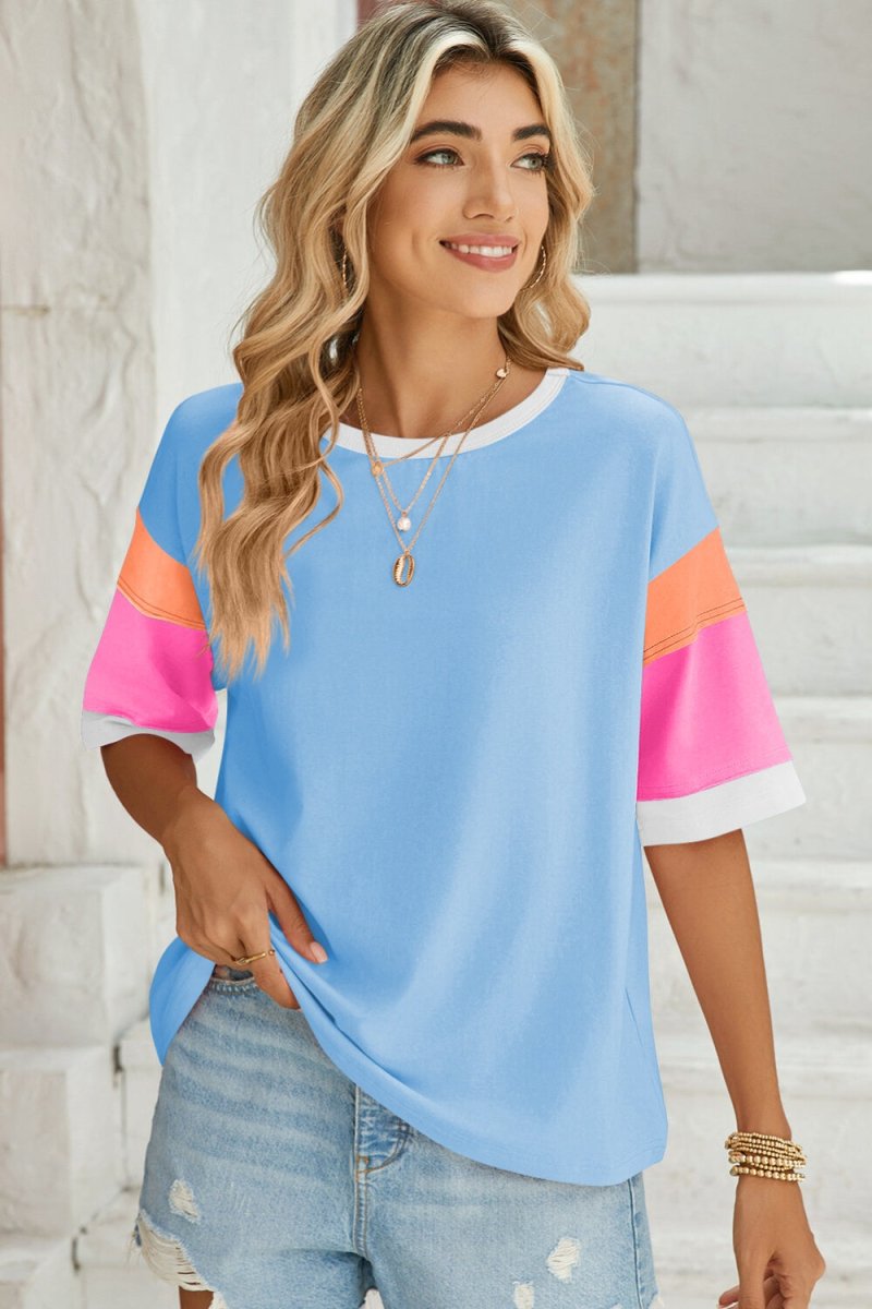 Lovelet Color Block Round Neck Half Sleeve T-Shirt - Top