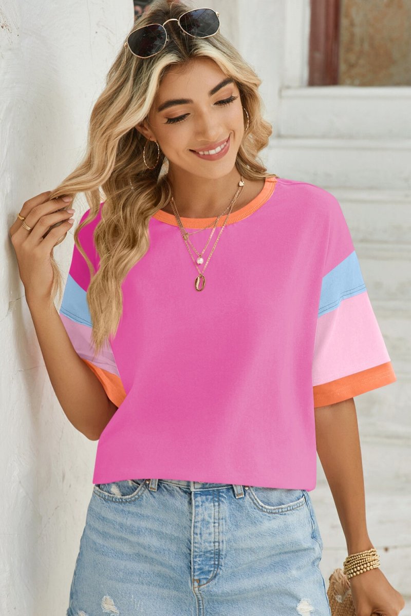 Lovelet Color Block Round Neck Half Sleeve T-Shirt - Top