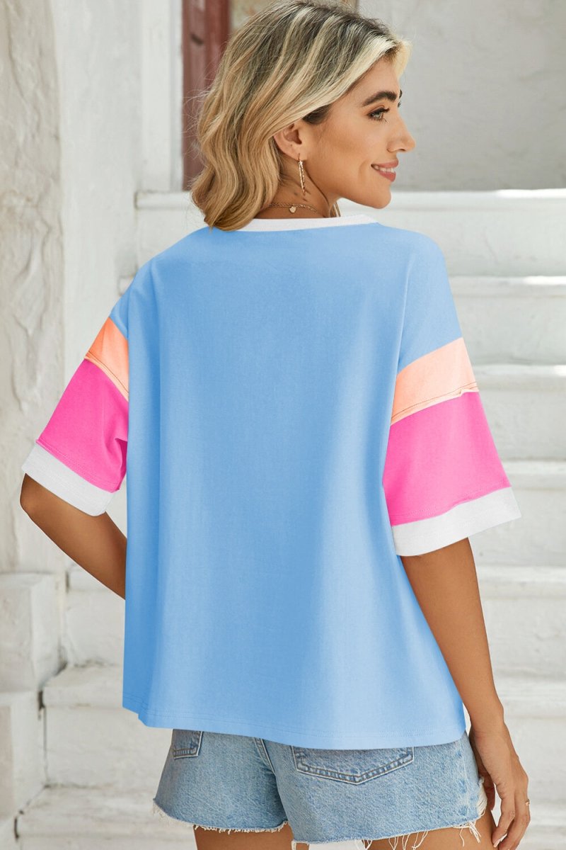 Lovelet Color Block Round Neck Half Sleeve T-Shirt - Top