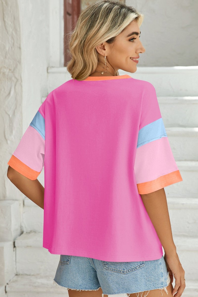 Lovelet Color Block Round Neck Half Sleeve T-Shirt - Top