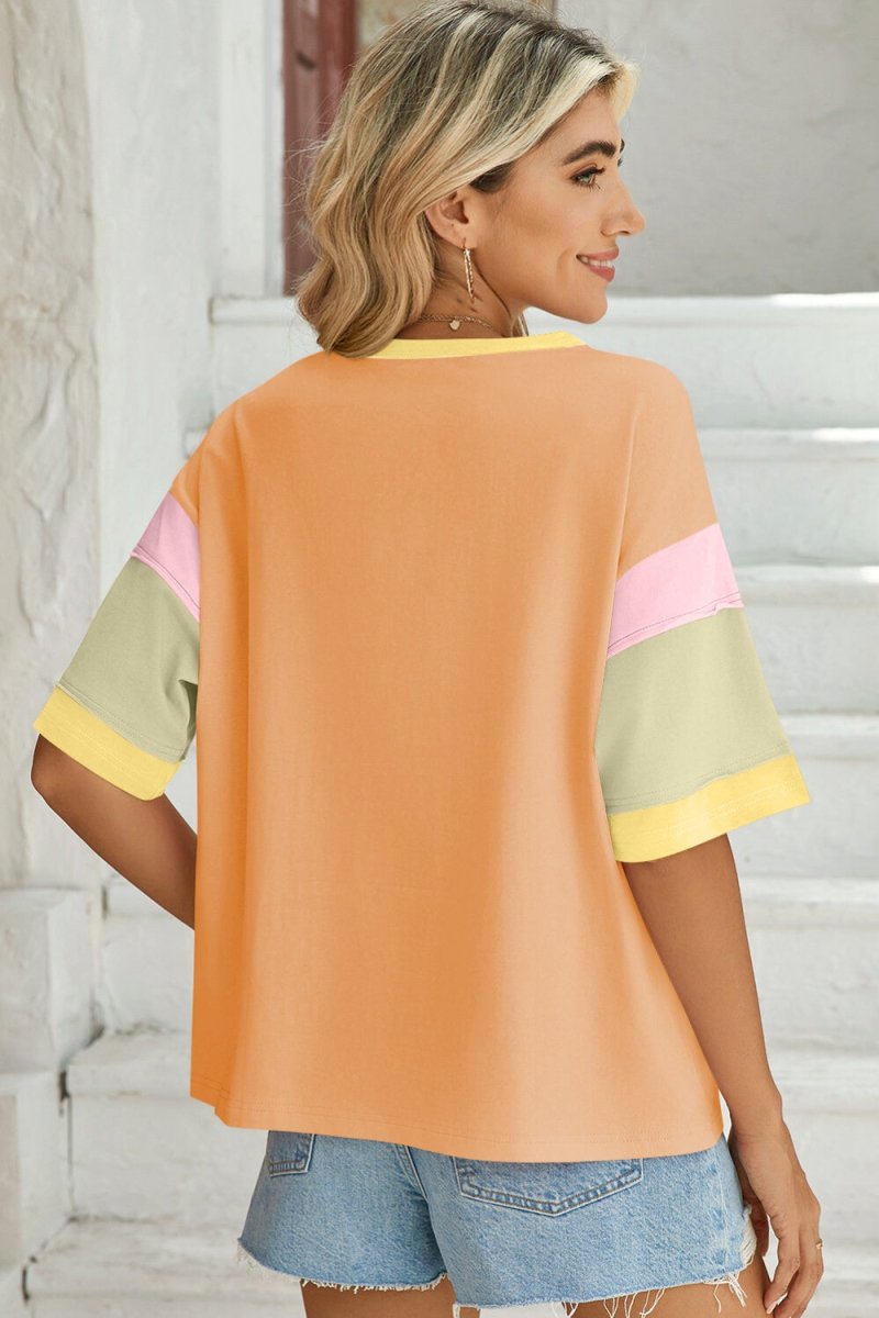 Lovelet Color Block Round Neck Half Sleeve T-Shirt - Top