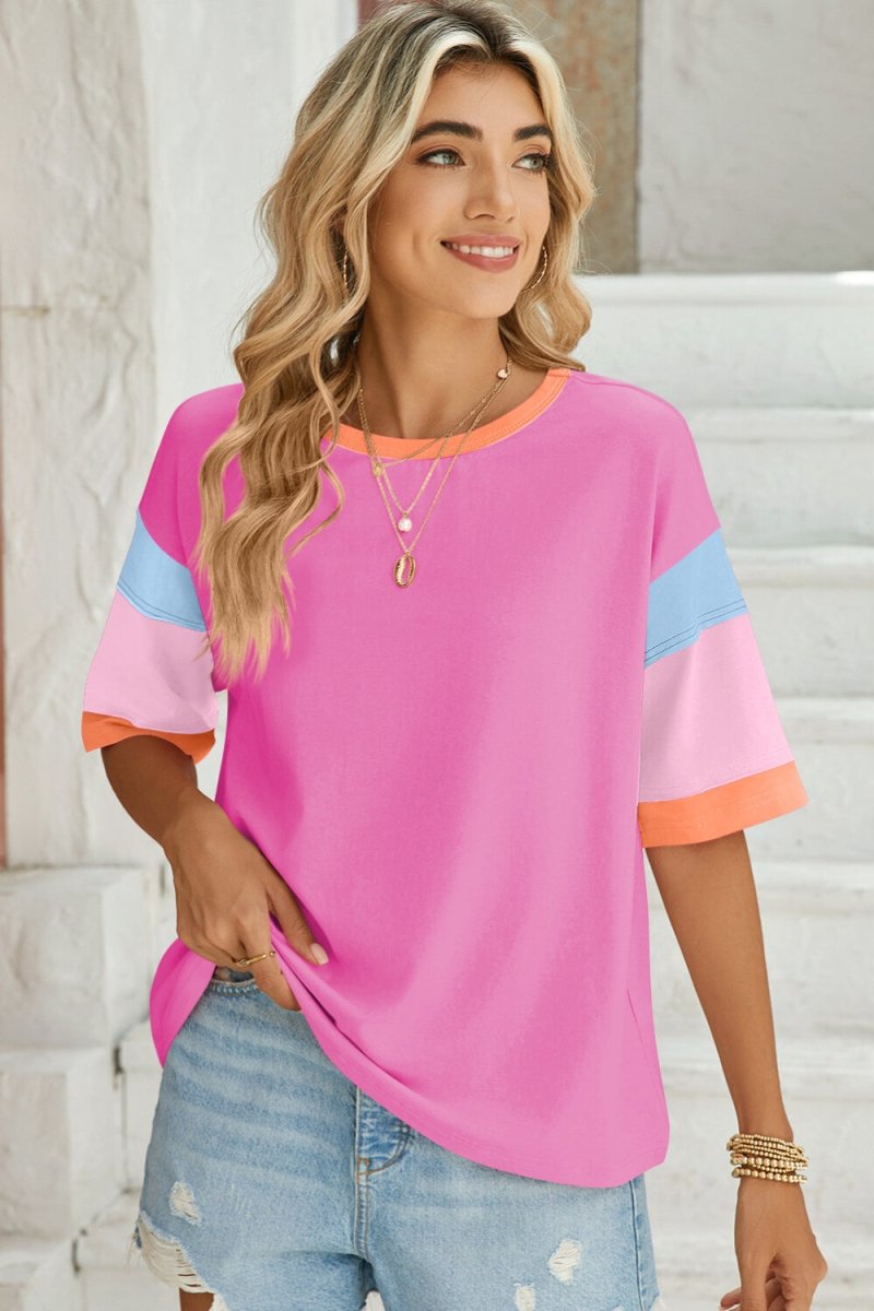 Lovelet Color Block Round Neck Half Sleeve T-Shirt - Top