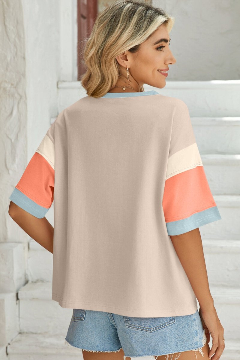 Lovelet Color Block Round Neck Half Sleeve T-Shirt - Top