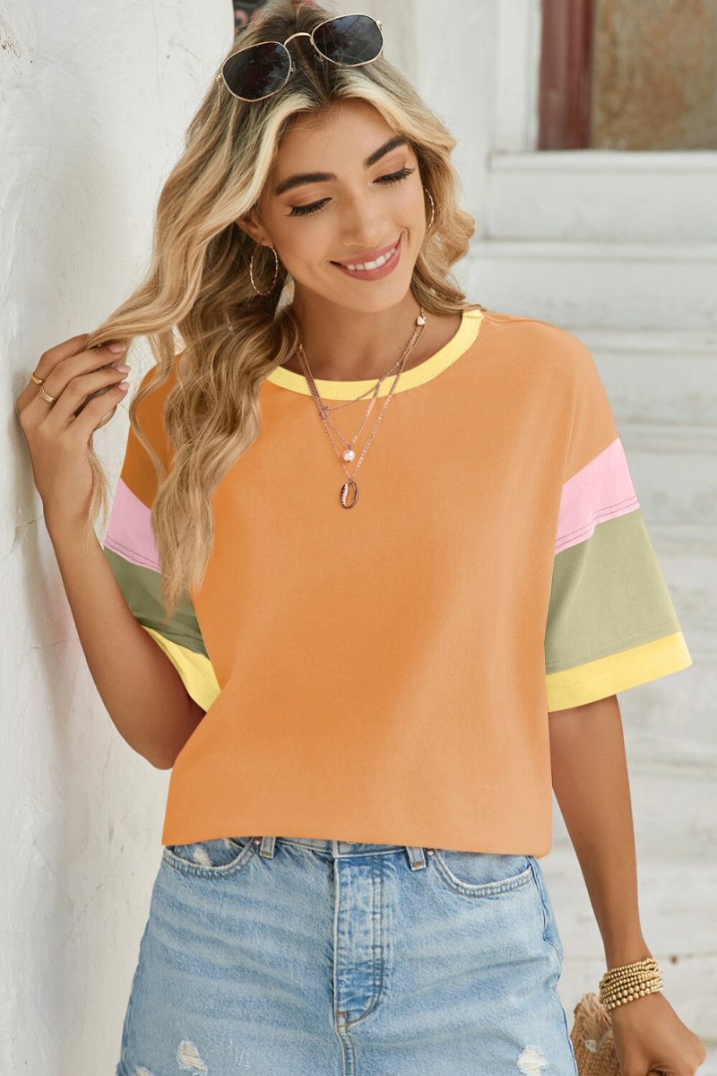 Lovelet Color Block Round Neck Half Sleeve T-Shirt - Top