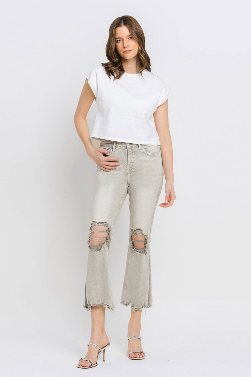 Lovervet Distressed Raw Hem Cropped Flare Jeans - Bottoms