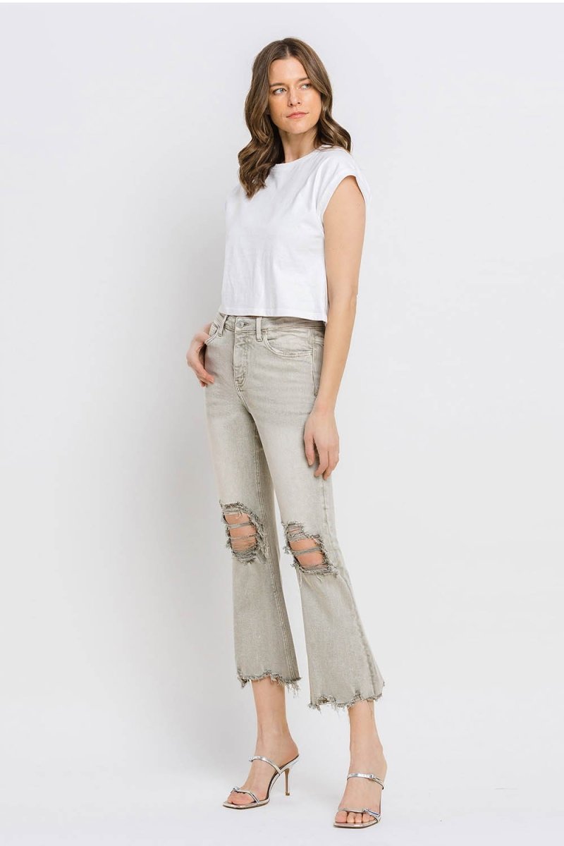 Lovervet Distressed Raw Hem Cropped Flare Jeans - Bottoms