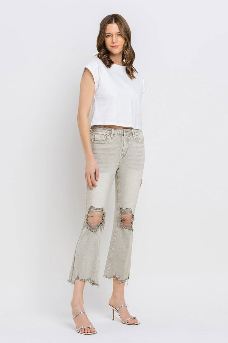 Lovervet Distressed Raw Hem Cropped Flare Jeans - Bottoms