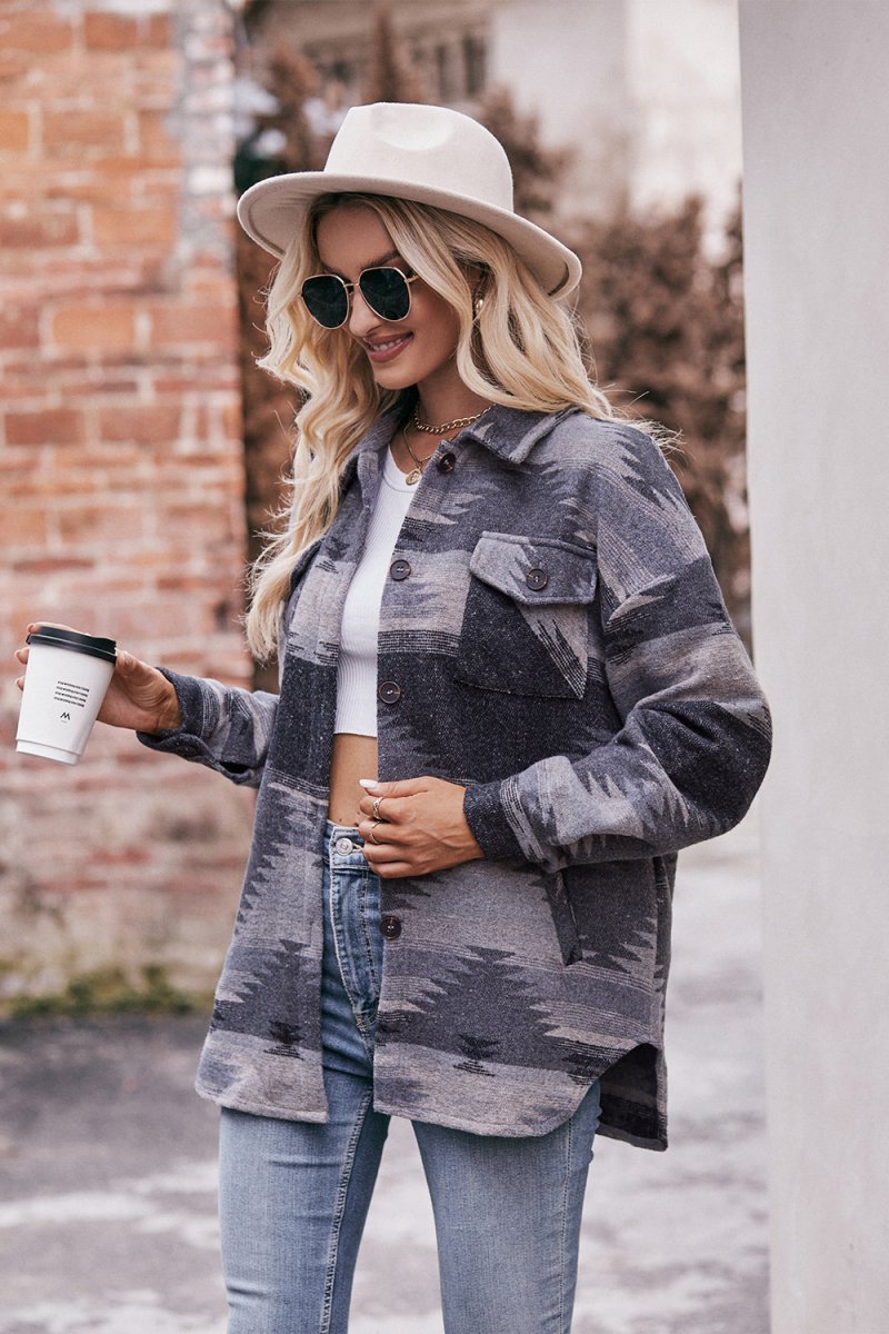 Mandy Geometric Dropped Shoulder Jacket with Pockets - Outerwear