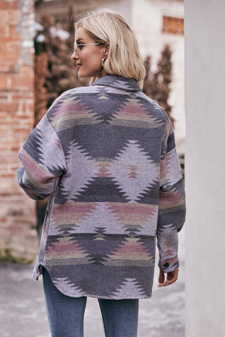 Mandy Geometric Dropped Shoulder Jacket with Pockets - Outerwear