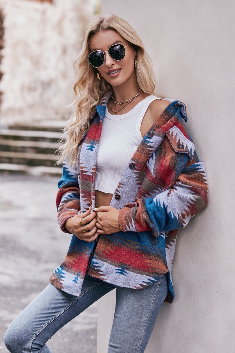 Mandy Geometric Dropped Shoulder Jacket with Pockets - Outerwear